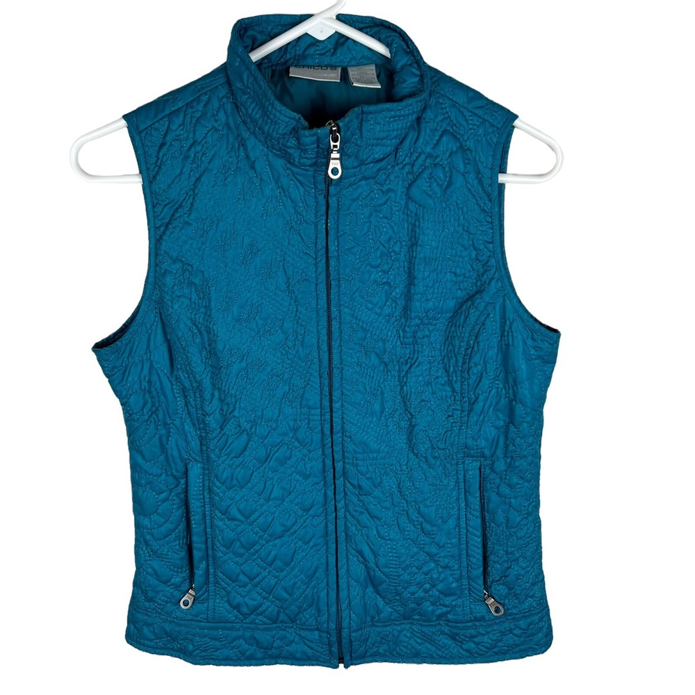 Excellent Condition Chico's Womens Teal Embroidery Puffer Vest Size 0 Zipper